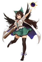 Rule 34 | 1girl, arm cannon, arm up, belt, between breasts, black footwear, black thighhighs, black wings, blouse, bow, breasts, cape, commentary request, feathered wings, full body, green bow, green skirt, hair between eyes, hair bow, highres, houtengeki, index finger raised, large breasts, long hair, looking at viewer, miniskirt, red eyes, reiuji utsuho, shirt, shoes, simple background, skindentation, skirt, smile, solo, thighhighs, third eye, touhou, very long hair, weapon, white background, white shirt, wings, zettai ryouiki
