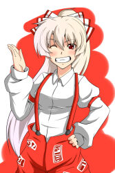 Rule 34 | 1girl, blush, bow, breasts, collared shirt, commentary request, cowboy shot, fujiwara no mokou, grey hair, grin, hair between eyes, hair bow, hand on own hip, hand up, harukana (pixiv), long bangs, long hair, long sleeves, looking at viewer, medium breasts, ofuda, ofuda on clothes, one eye closed, pants, red eyes, red pants, shirt, smile, solo, suspenders, touhou, very long hair, white background, white bow, white shirt
