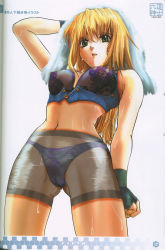 Rule 34 | 1990s (style), 1girl, bike shorts, blonde hair, bra, breasts, covered erect nipples, excel, excel saga, fingerless gloves, gloves, green eyes, highres, lingerie, navel, nipples, open mouth, panties, retro artstyle, rikudou koushi, scan, see-through, solo, spandex, stomach, towel, towel on head, underwear, wet, wet clothes