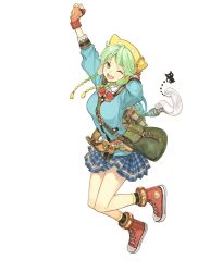 Rule 34 | 1girl, arm up, atelier (series), atelier shallie, bag, blue shirt, blue skirt, bow, bowtie, clenched hand, converse, female focus, full body, gloves, green eyes, green hair, hat, hidari (left side), matching hair/eyes, official art, one eye closed, plaid, plaid skirt, raised fist, shallotte elminus, shirt, shoes, short hair, skirt, smile, sneakers, solo, transparent background, wand