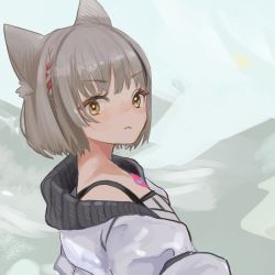 Rule 34 | 1girl, animal ear fluff, animal ears, braid, cat ears, chest jewel, closed mouth, frown, gem, grey hair, highres, jacket, mio (xenoblade), multicolored hair, open clothes, open jacket, red hair, remaco, short hair, solo, tank top, two-tone hair, upper body, white jacket, xenoblade chronicles (series), xenoblade chronicles 3, yellow eyes