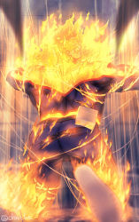 Rule 34 | 1boy, ass, ass focus, back, bara, beard, blue bodysuit, blue eyes, bodysuit, boku no hero academia, bulge, burning, covered abs, covered navel, endeavor (boku no hero academia), facial hair, fiery hair, fire, foot out of frame, from behind, looking at viewer, looking back, male focus, mature male, muscular, muscular male, ono (ohno ha), paid reward available, red hair, paid reward available, short hair, sideburns, solo, spiked hair, string, thick thighs, thighs, torn bodysuit, torn clothes