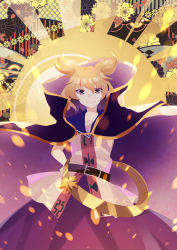 Rule 34 | 1girl, absurdres, bare shoulders, belt, blonde hair, cape, closed mouth, cowboy shot, floral background, gold trim, hair between eyes, hand on own hip, highres, lens flare, light particles, looking at viewer, motion blur, one-hour drawing challenge, outstretched arm, pointy hair, purple cape, purple eyes, purple skirt, shinketsu kanyu, shirt, skirt, smile, solo, sunburst, sunburst background, touhou, toyosatomimi no miko, white shirt