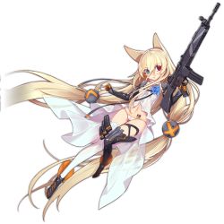 Rule 34 | 1girl, absurdly long hair, animal ears, assault rifle, asymmetrical legwear, barcode, barcode tattoo, black thighhighs, blonde hair, blouse, blue eyes, cat ears, flower, full body, g41 (girls&#039; frontline), girls&#039; frontline, gloves, gun, h&amp;k g41, heterochromia, holding, holding weapon, long hair, looking at viewer, low-tied long hair, mismatched legwear, ns (ntrsis), official art, panties, red eyes, rifle, shirt, solo, tattoo, thighhighs, transparent background, twintails, underwear, very long hair, weapon, white panties, white shirt, white thighhighs