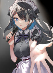 Rule 34 | 1girl, absurdres, apron, black dress, black hair, blue eyes, blue hair, braid, breasts, breasts squeezed together, buisen, colored inner hair, dress, frills, grey hair, hair ornament, hair over one eye, hairclip, highres, holding, holding microphone, hoshikani, lace, lace-trimmed dress, lace trim, large breasts, long hair, looking at viewer, maid, maid headdress, microphone, multicolored hair, music, open mouth, outstretched arm, puffy short sleeves, puffy sleeves, short sleeves, side braid, singing, solo, streaked hair, upper body, virtual youtuber, white apron, x hair ornament, yashiki ciel