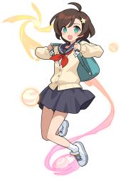 Rule 34 | 1girl, ahoge, aqua eyes, arms up, artist request, aura, backpack, bag, black sailor collar, black skirt, blush, brown hair, buttons, cardigan, collarbone, female focus, flat chest, full body, hair ornament, hairclip, happy, highres, holding strap, jumping, knees together feet apart, long sleeves, looking at viewer, miniskirt, nagihara nao (world flipper), neckerchief, non-web source, official art, open mouth, planet, pleated skirt, red neckerchief, sailor collar, school uniform, serafuku, shirt, shoes, short hair, sidelocks, simple background, skirt, smile, socks, solo, star (symbol), star hair ornament, transparent background, white footwear, white shirt, white socks, world flipper, yellow cardigan