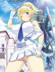 Rule 34 | 10s, 1girl, ayase eli, bare arms, bare shoulders, beach, blonde hair, blue eyes, blush, breasts, building, cameltoe, cloud, day, female focus, fingerless gloves, from below, gloves, hat, homu (seven deadly sins), huge breasts, legs, long hair, looking at viewer, love live!, love live! school idol project, miniskirt, necktie, one eye closed, outdoors, palm tree, panties, pantyshot, pleated skirt, ponytail, shirt, skirt, sky, sleeveless, smile, solo, t-shirt, thighs, tree, underwear, upskirt, visor, wonderful rush, yellow panties