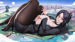 Rule 34 | 1girl, black choker, black footwear, black hair, black suit, bluecup, breasts, choker, cloud, covering privates, covering breasts, formal, giant, giantess, high heels, highres, horizon, huge breasts, knees up, korean text, lake, leggings, light smile, long hair, looking at viewer, lying, office lady, on back, original, ponytail, red eyes, ship, signature, skyline, suit, sun, thick thighs, thighs, watercraft