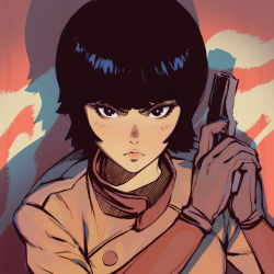 Rule 34 | 1980s (style), 1girl, akira (manga), black eyes, black hair, gun, highres, ilya kuvshinov, kei (akira), oldschool, retro artstyle, short hair, solo, weapon