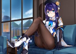 Rule 34 | 1girl, absurdres, ass, beret, black gloves, black hat, blue eyes, blunt bangs, boots, brown pantyhose, commentary request, couch, elbow gloves, glasses, gloves, hat, high heel boots, high heels, highres, honkai: star rail, honkai (series), indoors, kipdrew, knees up, legs, long hair, looking at viewer, pantyhose, parted lips, pela (honkai: star rail), purple hair, round eyewear, shirt, sitting, solo, white footwear, white shirt, window
