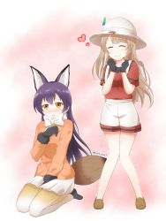 Rule 34 | 10s, 2girls, animal ears, bag, blue hair, blush, bow, closed eyes, commentary request, cosplay, embarrassed, ezo red fox (kemono friends), ezo red fox (kemono friends) (cosplay), fox ears, full body, grey hair, hair between eyes, hat feather, heart, helmet, highres, kaban (kemono friends), kaban (kemono friends) (cosplay), kemono friends, kousaka kure, long hair, long sleeves, love live!, love live! school idol project, mimori suzuko, minami kotori, multiple girls, one side up, open mouth, pith helmet, seiza, simple background, sitting, sonoda umi, uchida aya, voice actor connection, yellow eyes