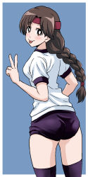 Rule 34 | 1girl, :p, ass, black buruma, black thighhighs, blue background, border, braid, braided ponytail, bright pupils, brown eyes, brown hair, buruma, closed mouth, commentary, from behind, hair tie, headband, highres, light blush, long hair, looking at viewer, looking back, outside border, parted bangs, ponzu rui, red headband, shirt, short hair, single braid, smile, solo, standing, the king of fighters, thighhighs, tongue, tongue out, very long hair, white border, white pupils, white shirt, yuri sakazaki