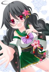 Rule 34 | 1girl, blush, bow, braid, breasts, commentary request, detached sleeves, floral background, flower, frilled skirt, frills, glasses, green sailor collar, green skirt, grey-framed eyewear, hair between eyes, hair flower, hair ornament, highres, kanijiru, long hair, long sleeves, low twintails, medium breasts, obi, onsen musume, outstretched arm, pink flower, pleated skirt, purple bow, purple eyes, ribbon-trimmed sleeves, ribbon trim, sailor collar, sash, semi-rimless eyewear, shirt, simple background, skirt, sleeveless, sleeveless shirt, solo, twin braids, twintails, under-rim eyewear, very long hair, white background, white shirt, white sleeves, wide sleeves