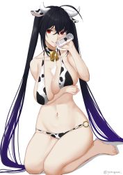 Rule 34 | 1girl, :q, animal ears, animal print, artist name, azur lane, bell, bikini, black hair, bottle, breast hold, breasts, collar, cow ears, cow girl, cow horns, cow print, cowbell, crossed bangs, full body, halterneck, highres, horns, large breasts, long hair, milk, milk bottle, neck bell, o-ring, o-ring bikini, pouring, pouring onto self, red eyes, sexually suggestive, solo, suggestive fluid, swimsuit, taihou (azur lane), tongue, tongue out, twintails, very long hair, yorugami rei