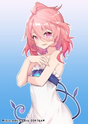 Rule 34 | 1girl, bare arms, bare shoulders, blue background, child (elsword), chinese commentary, collarbone, commentary request, dress, elsword, gradient background, hair between eyes, laby (elsword), long hair, looking at viewer, parted lips, patreon username, pink eyes, pink hair, purple background, revision, sharp teeth, solo, strapless, strapless dress, teeth, waero, watermark, web address