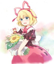 Rule 34 | 2girls, back bow, black shirt, black skirt, blonde hair, blue eyes, blush, bouquet, bow, cowboy shot, closed eyes, flower, frills, hair ribbon, holding, holding bouquet, lily of the valley, medicine melancholy, mito tsubaki, multiple girls, open mouth, outstretched arms, red ribbon, red shirt, red skirt, ribbon, shirt, short hair, short sleeves, skirt, smile, spread arms, su-san, sunflower, touhou, white bow