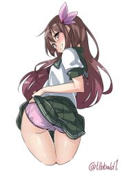 Rule 34 | 10s, 1girl, ass, bad id, bad twitter id, brown eyes, brown hair, clothes lift, cowboy shot, cropped legs, ebifurya, from behind, green skirt, hair between eyes, hair ornament, highres, inactive account, kantai collection, kisaragi (kancolle), lifting own clothes, long hair, looking at viewer, looking back, open mouth, panties, pink panties, pleated skirt, school uniform, serafuku, short sleeves, sidelocks, simple background, skirt, skirt lift, smile, solo, thigh gap, twisted torso, twitter username, underwear, white background