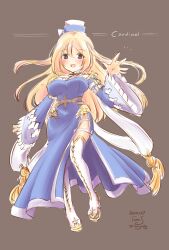 Rule 34 | 1girl, arm belt, belt, blonde hair, blue dress, blue eyes, blush, boots, breasts, brown background, cardinal (ragnarok online), character name, commentary request, dated, dress, frilled sleeves, frills, full body, hair between eyes, highres, large breasts, long hair, looking at viewer, open mouth, pillbox hat, ragnarok online, side slit, signature, simple background, smile, solo, thigh boots, tomo-graphy, white belt, white footwear, white headwear, wide sleeves