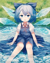 Rule 34 | 1girl, ar (maeus), blue bow, blue dress, blue eyes, blue hair, blush, bow, cirno, dress, grass, hair bow, ice, ice wings, looking at viewer, outdoors, puffy short sleeves, puffy sleeves, red ribbon, ribbon, shirt, short hair, short sleeves, sitting, sitting on water, skirt, solo, tongue, tongue out, touhou, water, white shirt, wings