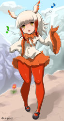Rule 34 | 10s, 1girl, buttons, cloud, day, flower, frilled sleeves, frills, fur trim, haku hakujou daimaou, hand on own chest, head wings, highres, japanese crested ibis (kemono friends), kemono friends, long sleeves, mary janes, mountain, multicolored hair, music, musical note, pantyhose, pleated skirt, quaver, red hair, red pantyhose, shirt, shoes, short hair, signature, singing, skirt, sky, solo, white hair, white shirt, wide hips, wings, yellow eyes
