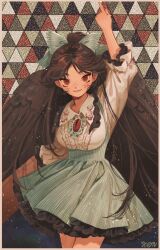 Rule 34 | 1girl, arm up, artist name, blush, bow, breasts, brown hair, center frills, collared shirt, cowboy shot, crossed legs, dot nose, feathered wings, frilled skirt, frilled sleeves, frills, green bow, green skirt, hair bow, high-waist skirt, highres, k0nfette, large breasts, long hair, looking at viewer, pointing, pointing up, ponytail, red eyes, reiuji utsuho, shirt, skirt, smile, third eye, touhou, tsurime, watson cross, white shirt, wings