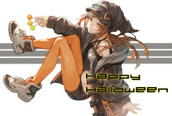 Rule 34 | 1girl, bare shoulders, between fingers, black hat, black jacket, black shorts, breasts, brown hair, candy, closed mouth, commentary, crop top, english text, engrish text, food, food in mouth, full body, grey background, happy halloween, hat, holding, holding candy, holding food, holding lollipop, hood, hood down, hooded jacket, jacket, knee up, leg up, lollipop, long hair, long sleeves, looking at viewer, midriff, off shoulder, open clothes, open jacket, orange eyes, orange pantyhose, original, pantyhose, pantyhose under shorts, puffy long sleeves, puffy sleeves, ranguage, revision, senano-yu, shoes, short shorts, shorts, sleeves past wrists, small breasts, smile, solo, star (symbol), tank top, two-tone background, white background, white footwear, white tank top