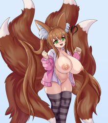 Rule 34 | !?, 1girl, :d, animal ear fluff, animal ears, blush, breast expansion, breasts, brown hair, cardigan, commission, fang, fox ears, fox girl, fox tail, green eyes, highres, huge breasts, lactation, large breasts, long hair, multiple tails, nav (itsnav), nipples, open cardigan, open clothes, open mouth, open shirt, original, pink cardigan, plump, plushmallow, shortstack, smile, solo, striped clothes, striped thighhighs, tail, thick thighs, thighhighs, thighs, twintails, very long hair