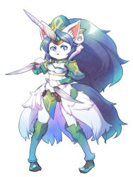 Rule 34 | 1girl, absurdly long hair, angry, animal ear fluff, animal ears, armor, body fur, breasts, claws, cleavage, closed mouth, collarbone, colored eyelashes, eyebrows, eyelashes, frown, fur collar, furry, furry female, holding, holding knife, holding weapon, horns, knife, legend of mana, long hair, looking at viewer, looking away, looking to the side, matsumoto tomoyohi, navel, profile, purple eyes, purple hair, seiken densetsu, shoulder armor, sierra (lom), simple background, single horn, small breasts, solo, tail, thick eyebrows, upper body, very long hair, weapon, white background, wolf ears, wolf girl