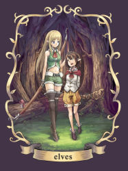 Rule 34 | 2girls, age difference, arms behind back, blonde hair, blue eyes, boots, bow (weapon), brown hair, child, elf, english text, forest, gloves, grass, hand on another&#039;s head, highres, kurio, long hair, looking at another, midriff, multiple girls, mushroom, nature, navel, original, pointy ears, shirt, short hair, shorts, sleeveless, sleeveless shirt, staff, thigh boots, thighhighs, tree, weapon, yellow eyes
