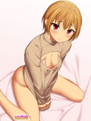 Rule 34 | 1girl, :3, aida takanobu, amagamido, animal ears, blush, bottomless, breasts, brown hair, cat ears, cleavage, clothes tug, from above, full body, highres, looking at viewer, medium breasts, meme attire, naked sweater, nanase (amagamido), no bra, open-chest sweater, original, red eyes, ribbed sweater, short hair, sitting, smile, solo, sweater, sweater tug, wariza