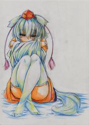 Rule 34 | 1girl, absurdres, animal ears, bad id, bad pixiv id, bare shoulders, blush, colored pencil (medium), detached sleeves, feet, female focus, green eyes, hat, highres, inubashiri momiji, kitazinger, short hair, sitting, skirt, solo, tail, tears, thighhighs, tokin hat, touhou, traditional media, white hair, white thighhighs, wolf ears, wolf tail