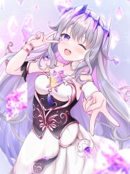 Rule 34 | 1girl, blush, chest jewel, corset, crown, detached collar, dress, gem, hair flaps, highres, hololive, hololive english, koseki bijou, long hair, looking at viewer, multicolored hair, one eye closed, open mouth, purple eyes, purple hair, solairoaoiro, v, very long hair, virtual youtuber, white dress, wink
