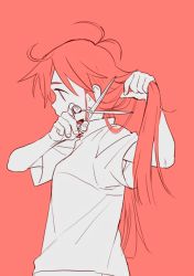 Rule 34 | 1girl, armpit peek, cutting hair, d.y.x., female focus, flip flappers, long hair, monochrome, orange background, orange hair, papika (flip flappers), red background, red theme, scissors, shirt, short sleeves, simple background, solo, spoilers, spot color