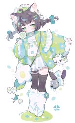 Rule 34 | 1girl, absurdres, animal ears, bag, black thighhighs, blush stickers, bonnet, boots, braid, brown hair, candy, cat ears, cat girl, cat tail, cotono (nazekun), floating hair, food, frilled hat, frilled jacket, frills, frown, full body, green eyes, green hat, green jacket, handbag, hat, highres, holding, holding candy, holding food, holding lollipop, jacket, knee boots, leaning to the side, lollipop, long bangs, long sleeves, looking at viewer, low twin braids, open clothes, open jacket, original, pleated skirt, shirt, sidelocks, skirt, solo, tail, thighhighs, twin braids, white footwear, white shirt, white skirt, zettai ryouiki