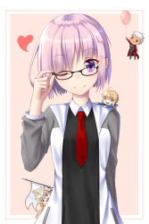 Rule 34 | 1boy, 3girls, ahoge, archer (fate), artoria pendragon (all), artoria pendragon (fate), balloon, blonde hair, blue eyes, chibi, closed mouth, commentary request, eyebrows, fate/apocrypha, fate/grand order, fate/stay night, fate (series), flag, glasses, green eyes, headpiece, highres, jeanne d&#039;arc (fate), jeanne d&#039;arc (ruler) (fate), ji dao ji, looking at viewer, mash kyrielight, multiple girls, necktie, one eye closed, purple eyes, purple hair, red necktie, saber (fate), smile, white hair