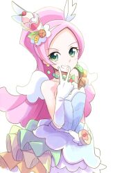 Rule 34 | 1girl, bare shoulders, blush, cure parfait, dress, earrings, food-themed hair ornament, green eyes, grin, hair ornament, hatching (texture), highres, jewelry, kirakira precure a la mode, long hair, looking at viewer, pink hair, precure, simple background, smile, solo, strapless, strapless dress, white background, white wings, wings, zwei (santanawamuujojo)