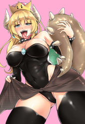Rule 34 | 1girl, bare shoulders, black leotard, black thighhighs, blonde hair, blue eyes, bowsette, bracelet, breasts, cleavage, collar, commentary, covered navel, crown, earrings, horns, jewelry, kirisaki byakko, large breasts, leotard, long hair, looking at viewer, mario (series), naughty face, new super mario bros. u deluxe, nintendo, open mouth, pink background, ponytail, sharp teeth, simple background, solo, spiked bracelet, spiked collar, spikes, standing, super crown, tail, teeth, thighhighs, tongue, tongue out, twitter username