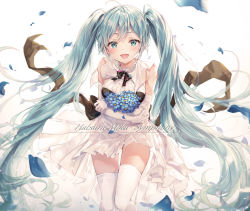Rule 34 | 1girl, :d, aqua eyes, aqua hair, bare shoulders, blue flower, bouquet, bow, bowtie, breasts, dress, elbow gloves, flower, gloves, hatsune miku, highres, holding, long hair, looking at viewer, medium breasts, miku symphony (vocaloid), open mouth, petals, pleated dress, r o ha, sleeveless, sleeveless dress, smile, solo, thighhighs, twintails, very long hair, vocaloid, white dress, white gloves, white thighhighs, zettai ryouiki
