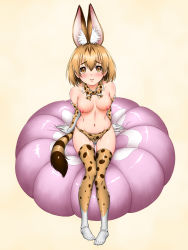Rule 34 | 10s, 1girl, animal ears, bikini, bikini bottom only, blonde hair, blush, bow, bowtie, breasts, breasts apart, brown eyes, closed mouth, collarbone, cushion, detached collar, elbow gloves, full body, gloves, groin, hair between eyes, highres, himadarou, kemono friends, looking at viewer, medium breasts, navel, nipples, serval (kemono friends), serval print, serval tail, simple background, sitting, smile, solo, striped tail, swimsuit, tail, thighhighs, topless, yellow background