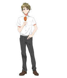 Rule 34 | 1boy, belt, black pants, brown eyes, brown footwear, brown hair, closed mouth, collared shirt, food, hand on own hip, hand up, hibike! euphonium, highres, holding, holding food, kitauji high school uniform, loafers, looking at viewer, nozo133, pants, school uniform, shirt, shoes, short hair, short sleeves, simple background, smile, solo, standing, tsukamoto shuuichi, white background, white shirt