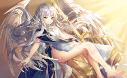Rule 34 | 1girl, absurdres, angel wings, bare arms, bare legs, bare shoulders, barefoot, blue dress, bottomless, breasts, caren hortensia, caren hortensia (amor caren), commentary request, dot nose, dress, fate/grand order, fate (series), feathered wings, feet, floating hair, forehead, full body, grey hair, hair ornament, highres, knees together feet apart, light frown, long hair, looking afar, medium breasts, parted bangs, rosu 1109, sash, solo, sparkle, sunlight, thighs, toes, white wings, wings, yellow eyes