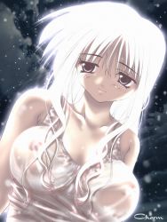 Rule 34 | 1girl, black eyes, breasts, dark-skinned female, dark skin, glowing, glowing hair, large breasts, light particles, night, nipples, purple eyes, see-through, shiny clothes, sleeveless, smile, solo, washimi tsutomu, white hair