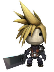 Rule 34 | 1990s (style), 1boy, 3d, blonde hair, buster sword, cloud strife, cloud strife (cosplay), cosplay, expressionless, final fantasy, final fantasy vii, full body, highres, littlebigplanet, looking at viewer, male focus, official art, retro artstyle, sackboy, simple background, solo, spiked hair, standing, sword, turtleneck, weapon, white background