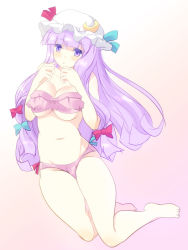 Rule 34 | 1girl, bikini, breasts squeezed together, breasts, cleavage, crescent, female focus, hair ribbon, hat, large breasts, long hair, maki (seventh heaven maxion), mob cap, patchouli knowledge, pink bikini, purple eyes, purple hair, ribbon, solo, swimsuit, team shanghai alice, touhou, tress ribbon, underboob, very long hair