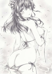 Rule 34 | 1girl, ass, bikini, bikini bottom pull, blush, breasts, butt crack, fate/stay night, fate (series), flower, graphite (medium), hair flower, hair ornament, holding, holding clothes, holding swimsuit, long hair, looking at viewer, looking back, matou sakura, mikuro, monochrome, petals, side-tie bikini bottom, sideboob, smile, solo, swimsuit, thighs, traditional media, water