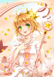 Rule 34 | 1girl, ahoge, arms up, artist name, blue sky, breasts, cardcaptor sakura, choker, crown, dress, green eyes, hand on own chest, head tilt, highres, holding, holding wand, hoshi no tsue, kinomoto sakura, long sleeves, looking at viewer, open mouth, orange hair, pink choker, pink clouds, ribbon, rizumary, short hair, sky, small breasts, solo, standing, star (symbol), striped ribbon, teeth, upper body, upper teeth only, wand, white dress
