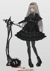 Rule 34 | 1girl, absurdres, aer7o, black dress, black footwear, black pantyhose, blood, boots, breasts, closed mouth, creatures (company), cross, cross-laced footwear, cross earrings, cuffs, dress, earrings, game freak, gen 3 pokemon, grey background, grey hair, handcuffs, highres, holding, jewelry, lace-up boots, latin cross, latios, layered sleeves, legendary pokemon, long hair, long sleeves, looking at viewer, necklace, nintendo, original, pantyhose, pendant, pokemon, pokemon (creature), purple eyes, short over long sleeves, short sleeves, simple background, small breasts, solo, standing, standing on one leg, tiara, very long hair, wide sleeves