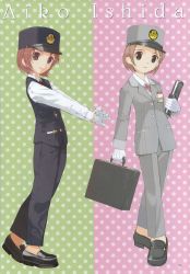 Rule 34 | 00s, 1girl, alternate costume, blazer, briefcase, brown hair, buttons, crossed legs, full body, gloves, green eyes, hat, high heels, highres, ishida aiko, jacket, crossed legs, lipstick, loafers, looking at viewer, looking back, makeup, mibu natsuki, name tag, notebook, odakyu electric railway, official art, outstretched arms, pants, peaked cap, profile, ribbon, scan, shoes, short hair, smile, solo, standing, stretching, tetsudou musume, train attendant, travel attendant, uniform, vest, watson cross, white gloves