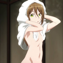 Rule 34 | 1girl, :o, armpits, blurry, brown hair, censored, convenient censoring, depth of field, flat chest, from side, green eyes, groin, hair between eyes, hands up, highres, long hair, navel, nikaidou mari, nude, open mouth, out-of-frame censoring, screencap, solo, taimadou gakuen 35 shiken shoutai, towel, towel on head, wet, wet hair, white towel, yellow eyes