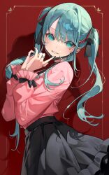 Rule 34 | 1girl, absurdres, black nails, black skirt, blue eyes, blue hair, chyoel, hatsune miku, heart, highres, long hair, long sleeves, looking at viewer, pink shirt, red background, shadow, shirt, skirt, smile, solo, twintails, vampire (vocaloid), vocaloid